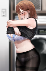  absurdres black_pantyhose black_sweater blurry blurry_background blush bra breasts brown_hair closed_eyes clothes_lift commentary_request female highres large_breasts lifting_own_clothes mole navel office_lady ol-chan_(udon) open_mouth original pantyhose short_hair solo standing sweat sweater sweater_lift udon_(udonalium) underwear undressing white_bra 