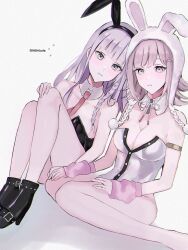  2girls animal_ears animal_hood arm_warmers braid breasts brown_hair cleavage danganronpa:_trigger_happy_havoc danganronpa_(series) danganronpa_2:_goodbye_despair detached_collar fake_animal_ears feet_out_of_frame frown highres hood kirigiri_kyoko large_breasts long_hair medium_hair mole mole_on_breast multiple_girls nanami_chiaki neck_ribbon official_alternate_costume pink_eyes pink_hair pink_ribbon playboy_bunny rabbit_ears rabbit_hood ribbon shima_(fm_90mhz) side_braid 