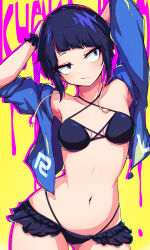  arms_up ass_visible_through_thighs audio_jack bikini black_bikini blue_eyes blue_jacket boku_no_hero_academia breasts female highres jacket jirou_kyouka karan_koron100 long_earlobes navel purple_eyes purple_hair scrunchie short_hair sidelocks small_breasts solo swimsuit wrist_scrunchie 