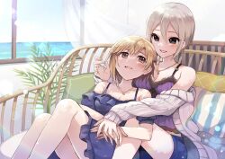  2girls aiba_yumi bare_shoulders black_eyes blonde_hair blue_dress blue_shorts blue_sky blush breasts brown_eyes cleavage collarbone cushion day dress grey_hair gum_(vivid_garden) highres holding_hands horizon idolmaster idolmaster_cinderella_girls idolmaster_cinderella_girls_starlight_stage indoors jewelry knees_up lens_flare lens_flare_abuse looking_at_another medium_breasts multiple_girls necklace o-ring o-ring_top ocean off-shoulder_dress off_shoulder on_chair open_mouth plant potted_plant purple_shirt rainbow_order shiomi_syuko shirt short_hair shorts sitting sky sleeveless sleeveless_shirt smile star_(symbol) star_necklace transparent_curtains window 