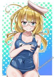  :d blonde_hair blue_background blue_eyes blush border breasts cowboy_shot female glasses gradient_background green_background hand_on_own_chest hat highres i-8_(kancolle) kantai_collection kurano_kisuke large_breasts long_hair low_twintails name_tag one-piece_swimsuit peaked_cap red-framed_eyewear sailor_hat school_swimsuit semi-rimless_eyewear smile solo swimsuit swimsuit_under_clothes thighhighs tri_tails twintails twitter_username under-rim_eyewear white_border white_thighhighs 