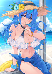  beach bikini blue_hair blue_scrunchie blue_sky bracelet breasts brown_hat cleavage closed_mouth cloud collarbone cu-no day female finger_to_mouth hat highres hisen_kaede index_finger_raised jewelry kohitsuji_ai large_breasts long_hair looking_at_viewer navel ocean outdoors scrunchie sitting sky smile solo straw_hat swimsuit thighs wrist_scrunchie yellow_bracelet 