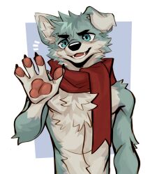  2024 4_fingers anthro atkaso biped blue_body blue_eyes blue_fur canid canine canis countershade_fur countershading domestic_dog fingers floppy_ears fur gesture hi_res looking_at_viewer male mammal mostly_nude mostly_nude_anthro mostly_nude_male scarf scarf_only solo waving waving_at_viewer white_body white_countershading white_fur 