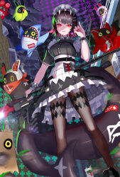  absurdres amillion_(zenless_zone_zero) apron bagboo_(zenless_zone_zero) bangboo_(zenless_zone_zero) belt black_belt black_bow black_dress black_footwear black_pantyhose bow breasts brown_hair candy collar colored_inner_hair commentary condenser_unit cross_hair_ornament devilboo_(zenless_zone_zero) dress ellen_joe eous_(zenless_zone_zero) female fins fish_tail food foot_out_of_frame frilled_dress frilled_wrist_cuffs frills glint hair_ornament highres holding holding_candy holding_food holding_lollipop holding_weapon large_breasts lollipop looking_at_viewer luckyboo_(zenless_zone_zero) maid maid_apron maid_headdress metal_collar mole mole_under_eye multicolored_hair nail_polish pantyhose paperboo_(zenless_zone_zero) parted_lips partially_shaded_face pinky_out red_eyes red_hair red_nails shark_girl shark_tail sharkboo_(zenless_zone_zero) sharp_teeth shoes short_hair short_sleeves solo standing sumoboo_(zenless_zone_zero) tail teeth two-tone_hair upper_teeth_only weapon white_apron wrist_cuffs yusuke_(shiota) zenless_zone_zero 