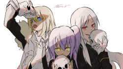  3girls blonde_hair blue_eyes carrera_(tensei_shitara_slime_datta_ken) demon_girl highres military_uniform multiple_girls ototoi_(eevees813) purple_hair red_eyes skull tensei_shitara_slime_datta_ken testarossa_(tensei_shitara_slime_datta_ken) ultima_(tensei_shitara_slime_datta_ken) uniform white_background white_hair yellow_eyes 