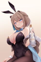  :3 alcohol animal_ears bare_arms bare_shoulders black_leotard black_pantyhose blue_bow blue_bowtie blush bob_cut bottle bow bowtie breasts brown_hair cleavage covered_navel dot_nose fake_animal_ears female gradient_background hair_ribbon highleg highleg_leotard highres holding holding_bottle legs_together leotard liquor looking_down lutra_lutra medium_breasts mole mole_under_eye pantyhose playboy_bunny rescute ribbon shokuane short_hair simple_background solo square_live strapless strapless_leotard striped_bow striped_bowtie striped_clothes tress_ribbon virtual_youtuber wrist_cuffs 