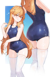  absurdres ass black_survival blue_background blue_one-piece_swimsuit breasts closed_mouth eternal_return:_black_survival female from_behind hair_bun hair_ornament hair_stick highres long_hair looking_at_viewer medium_breasts multiple_views one-piece_swimsuit orange_hair school_swimsuit standing swimsuit thighhighs tia_(black_survival) tunamayo_(dsasd751) white_thighhighs yellow_eyes 