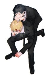  2boys black-framed_eyewear black_footwear black_hair black_jacket black_necktie black_pants black_suit blonde_hair blood blood_on_face blood_on_hands clenched_hand clenched_hands collared_shirt dress_shirt dress_shoes durarara!! hair_behind_ear hair_between_eyes hand_on_own_face heiwajima_shizuo highres holding holding_knife holding_weapon injury jacket jewelry kneeling knife leaning_forward leaning_on_person light_smile male_focus multiple_boys multiple_rings necktie orange_eyes orihara_izaya pants ring scowl shirt shoes simple_background sitting stab suit suit_jacket sunglasses veins violence weapon white_background white_shirt ypu_nv 