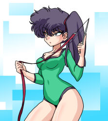  athletic_leotard black_hair breasts cleavage female hair_between_eyes high_side_ponytail kunou_kodachi legs leotard ranma_1/2 ribbon solo wanta_(futoshi) 