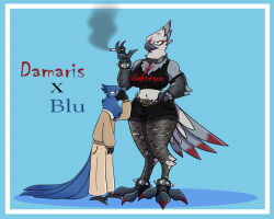  accipitrid accipitriform anthro avian belt bird blu_(rio) blu_waifu blue_sky_studios blush bracelet cigarette clothing damaris_the_harpy_eagle_(blu_waifu) duo eagle eyewear female fishnet_clothing fishnet_legwear glasses harpy_eagle jewelry larger_female legwear luntalie macaw male male/female muscular muscular_female neotropical_parrot parrot rio_(series) size_difference smaller_male smoking smoking_cigarette spix&#039;s_macaw studded_belt studded_bracelet studded_jewelry studs torn_clothing torn_legwear true_parrot 