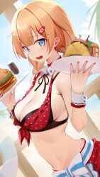  absurdres akai_haato akai_haato_(7th_costume) bare_shoulders bikini blonde_hair blue_eyes blush braid breasts burger cleavage commentary_request female food hair_ornament highres holding holding_plate hololive large_breasts looking_at_viewer low_twin_braids mikaku navel official_alternate_costume open_mouth plate polka_dot polka_dot_bikini red_bikini solo swimsuit twin_braids virtual_youtuber white_wrist_cuffs wrist_cuffs 