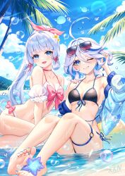  2girls :d absurdres ahoge barefoot bikini black_bikini blue_eyes blue_hair blue_nails blue_sky bow choker cloud day detached_sleeves eyewear_on_head furina_(genshin_impact) genshin_impact grin hair_ribbon highres kamisato_ayaka lalazyt long_hair looking_at_viewer multiple_girls nail_polish navel one_eye_closed open_mouth outdoors pink_bow pink_choker pink_ribbon puffy_short_sleeves puffy_sleeves ribbon short_hair short_sleeves sky smile stomach sunglasses swimsuit toenail_polish toenails very_long_hair 