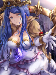  aura blue_eyes blue_hair breasts cleavage corruption dark_aura dark_persona dragonstone dress eyelashes female fire_emblem fire_emblem_engage highres kei_(asufend) large_breasts long_hair looking_at_viewer lumera_(fire_emblem) open_mouth solo white_dress 