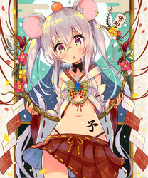  animal_ears bad_id bad_pixiv_id black_panties body_writing crop_top detached_sleeves earrings female flower food food_on_head fruit grey_eyes grey_hair highleg highleg_panties japanese_clothes jewelry long_hair midriff miko miniskirt mouse_(animal) mouse_ears navel new_year object_on_head open_mouth orange_(fruit) original panties red_skirt shirt siragagaga skirt twintails underwear very_long_hair white_shirt white_sleeves wind wind_lift 