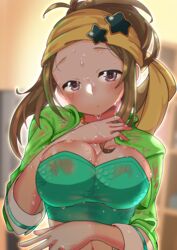  absurdres blurry blurry_background blush breasts brown_hair check_commentary collarbone commentary commentary_request crop_top female green_jacket hand_on_own_chest head_tilt heart heart-shaped_pupils highres idolmaster idolmaster_cinderella_girls jacket jewelry kurushima_gire large_breasts looking_at_viewer manabe_itsuki midriff_peek navel necklace open_clothes open_jacket parted_lips purple_eyes see-through solo sweat sweaty_clothes symbol-shaped_pupils upper_body very_sweaty wet wet_clothes wet_hair 