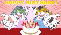  2020 anthro apron birthday_cake blue_body blue_fur cake clothing dessert duo felid food fur humanoid_hands kemono male mammal mind_drive mizuse_higomaru one_eye_closed overweight overweight_male pantherine raiden_shin&#039;emon raiden_tameemon sengoku_puzzle text tiger white_body white_fur wink yellow_body yellow_fur 