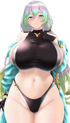  absurdres aqua_jacket bare_shoulders bikini black_bikini black_gloves blush breasts collarbone crop_top cupitan_(granblue_fantasy) cupitan_(summer)_(granblue_fantasy) female gloves gradient_hair granblue_fantasy green_eyes green_hair grey_hair highleg highleg_bikini highres huge_breasts jacket kemigawa_mondo long_hair long_sleeves looking_at_viewer low_twintails multicolored_hair navel off_shoulder official_alternate_costume open_clothes open_jacket sideboob smile solo stomach swimsuit thick_thighs thighs twintails very_long_hair 