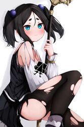  absurdres black_hair blue_eyes blush censored female from_side futoku_no_guild hair_ornament highres holding holding_staff kohe_billialot looking_at_viewer short_hair short_twintails sitting solo staff tokishikko_dana torn_clothes twintails white_background 