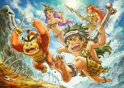  3boys abs barefoot beru_(live_a_live) bone breasts cleavage female gori_(live_a_live) green_hair highres ikusy live_a_live multiple_boys muscular muscular_male official_art pelt pink_hair pogo_(live_a_live) polearm running shell shell_bikini skeleton spear tribal v-shaped_eyebrows weapon zaki_(live_a_live) 