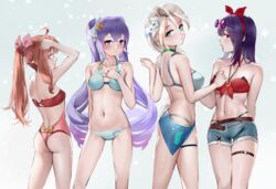  4girls a-soul absurdres ass ava_(a-soul) back bare_arms bare_shoulders bella_(a-soul) belt bikini bikini_under_clothes blue_bikini blue_eyes bow_hairband breasts brown_belt chinese_commentary commentary cowboy_shot diana_(a-soul) eileen_(a-soul) eyewear_on_head flower grey_hair hair_between_eyes hair_flower hair_ornament hair_ribbon hairband halterneck hand_on_own_chest highres large_breasts long_hair looking_at_viewer looking_back medium_breasts multiple_girls nail_polish navel ponytail purple_hair red_bikini red_eyes red_hair ribbon sarong short_shorts shorts sideways_glance small_breasts standing star_(symbol) star_hair_ornament string_bikini sunglasses swimsuit tearing_up thigh_strap touhoureporter twintails very_long_hair virtual_youtuber white_hair 