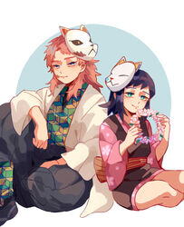  1boy absurdres black_pants blue_background blue_eyes checkered_clothes checkered_kimono circle closed_mouth coat commentary female flower hakama hakama_pants haori highres holding holding_wreath japanese_clothes kimetsu_no_yaiba kimono long_hair looking_at_viewer makomo_(kimetsu) mask mask_on_head medium_hair mogutofuoes obi pants pink_flower pink_hair pink_kimono purple_hair sabito_(kimetsu) sash scar scar_on_face sitting white_background white_coat 