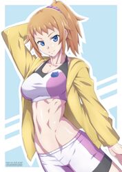  arched_back arm_behind_head bike_shorts blue_eyes breasts collarbone commentary ebr-kii english_commentary female groin gundam gundam_build_fighters hair_ornament hair_scrunchie highres hoshino_fumina jacket large_breasts midriff navel orange_hair ponytail ribs scrunchie smile solo sports_bra two-tone_sports_bra yellow_jacket 