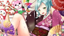  :d absurdres aqua_hair artist_logo bang_dream! black_kimono braid character_print cherry_blossom_print cherry_blossoms commentary daruma_doll falling_petals female floral_print folding_fan getsuyou_yasumi green_eyes hand_fan hane_(hanetsuki) hanetsuki highres hikawa_hina japanese_clothes kimono knee_up long_sleeves looking_at_viewer michelle_(bang_dream!) new_year obi obijime oil-paper_umbrella open_mouth paddle petals print_kimono purple_kimono sash short_hair side_braids sitting sleeves_past_wrists smile solo spinning_top swept_bangs tied_hair tree twin_braids umbrella wide_sleeves 