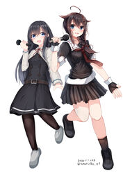  2girls absurdres ahoge asashio_(kancolle) asashio_kai_ni_(kancolle) bad_id bad_twitter_id black_gloves black_hair black_pantyhose black_serafuku black_skirt black_socks blazer blue_eyes braid commentary_request dated dress fingerless_gloves full_body gloves hair_flaps hair_over_shoulder highres jacket kantai_collection long_hair long_sleeves microphone multiple_girls neck_ribbon neckerchief necktie numarinko pantyhose pinafore_dress pleated_dress pleated_skirt red_necktie red_ribbon ribbon school_uniform serafuku shigure_(kancolle) shigure_kai_ni_(kancolle) simple_background single_braid skirt sleeveless sleeveless_dress socks twitter_username white_background white_jacket 