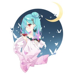  absurdres aqua_hair blush bug butterfly collarbone crescent_moon cup earrings female hair_bun highres hololive japanese_clothes jewelry kimono looking_at_viewer looking_to_the_side lr_(last_remote_514) medium_hair moon multicolored_hair official_alternate_costume red_eyes sakazuki single_hair_bun single_side_bun smile solo starry_moon uruha_rushia uruha_rushia_(new_year) virtual_youtuber 