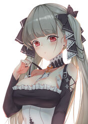  absurdres azur_lane bare_shoulders between_breasts birkai black_dress blush breasts cleavage commentary dress earrings female formidable_(azur_lane) frilled_dress frills grey_hair hair_ribbon highres jewelry large_breasts long_hair long_sleeves looking_at_viewer photoshop_(medium) red_eyes ribbon simple_background solo twintails very_long_hair white_background 