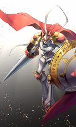  armor belt cape commentary_request digimoji digimon digimon_(creature) digital_hazard dukemon floating_cape gradient_background grey_background hawe_king helmet highres holding holding_shield lance looking_at_viewer multiple_belts no_humans polearm red_belt red_cape shield shoulder_armor simple_background solo weapon 