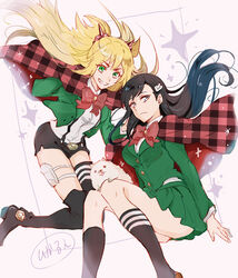  2girls black_hair black_legwear black_shorts blonde_hair bow bowtie burn_the_witch dress_shirt floating_hair green_eyes green_jacket green_skirt grin hara_hikaru jacket kneehighs long_hair long_sleeves looking_at_viewer miniskirt multiple_girls niihashi_noel ninny_spangcole open_clothes open_jacket plaid_capelet pleated_skirt red_bow red_bowtie school_uniform shirt short_shorts shorts skirt smile socks suspender_shorts suspenders thigh_strap thighhighs twintails very_long_hair white_shirt 