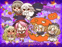  &gt;_&lt; 6+girls abyssal_mediterranean_princess abyssal_ship anzio_princess bat_(animal) black_eyes blonde_hair blush breasts brown_hair candy chibi closed_eyes colored_skin dress food gloves grecale_(kancolle) halloween horns jack-o&#039;-lantern janus_(kancolle) kantai_collection long_hair luigi_di_savoia_duca_degli_abruzzi_(kancolle) mikura_(kancolle) multicolored_hair multiple_girls open_mouth pale_skin pink_hair purple_background sailor_collar sailor_dress short_hair skirt streaked_hair white_gloves white_hair white_skin yumaru_(marumarumaru) 