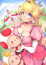  blonde_hair blue_eyes blue_sky blue_toad_(mario) breasts castle commentary crown dress earrings elbow_gloves eyelashes female gloves highres jewelry long_hair looking_at_viewer mario_(series) medium_breasts mini_crown niucniuc o3o pink_dress princess_peach princess_peach&#039;s_castle red_toad_(mario) sky sphere_earrings standing symbol-only_commentary toad_(mario) white_gloves yellow_toad_(mario) 