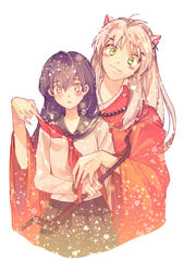  1boy animal_ears bead_necklace beads black_hair blush bow_(weapon) breasts brown_eyes couple cowboy_shot dog_ears female fingernails hair_between_eyes highres higurashi_kagome holding holding_bow_(weapon) holding_weapon inuyasha inuyasha_(character) japanese_clothes jewelry long_hair long_sleeves makochan neckerchief necklace pleated_skirt red_neckerchief red_shirt sailor_collar school_uniform sharp_fingernails shirt skirt small_breasts smile straight weapon white_background white_hair wide_sleeves yellow_eyes 