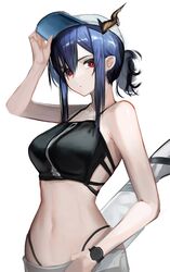  arknights bad_id bad_twitter_id baseball_cap bikini bikini_under_clothes black_bikini breasts ch&#039;en_(arknights) dragon_horns female female_tourist_c_(arknights) hair_between_eyes hand_on_headwear hat highres hiyaori_(hiyahiyaval) horns horns_through_headwear looking_at_viewer medium_breasts navel official_alternate_costume ponytail red_eyes sheath sheathed shorts sidelocks simple_background solo stomach swimsuit upper_body watch white_background white_hat white_shorts wristwatch 