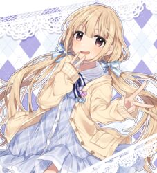  blonde_hair blue_dress blue_ribbon blush brown_eyes commentary_request dress female futaba_anzu hair_ribbon highres idolmaster idolmaster_cinderella_girls jacket long_hair looking_at_viewer minamiya_mia open_mouth ribbon smile solo twintails v yellow_jacket 