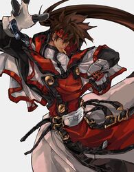  1boy arm_up belt belt_buckle black_gloves brown_hair buckle cross cross_necklace english_text fingerless_gloves fingernails found_modori gloves grey_background guilty_gear guilty_gear_xx hair_between_eyes headband highres jewelry long_hair male_focus mouth_hold multiple_belts necklace order-sol ponytail simple_background sol_badguy solo spiked_hair turtleneck white_gloves yellow_eyes 