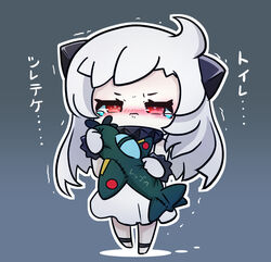  a7m_reppuu ahoge aircraft airplane asimo953 barefoot blush chibi colored_skin commentary_request dress female full_body gradient_background grey_background have_to_pee holding holding_stuffed_toy horns kantai_collection long_hair looking_at_viewer mittens northern_ocean_princess nose_blush pale_skin red_eyes sidelocks sleeveless sleeveless_dress solo standing stuffed_airplane stuffed_toy tearing_up translated trembling white_dress white_hair white_skin 