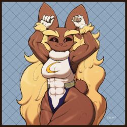  1:1 abs anthro ass biceps black_sclera bodily_fluids border breasts brown_body brown_border clothed clothing digital_media_(artwork) female freepancakes fur generation_4_pokemon hi_res huge_thighs lagomorph leotard lopunny lulu_(eztarg3t) mammal muscular muscular_anthro muscular_female my_hero_academia nintendo pokemon pokemon_(species) red_eyes rumi_usagiyama simple_background smile solo standing sweat thick_thighs tight_clothing wide_hips 