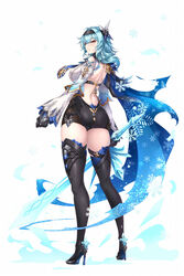  aata1007 ass back backless_outfit belt black_footwear black_gloves black_hairband black_leotard blue_cape blue_hair blush boots breasts cape crystal_sword eula_(genshin_impact) female full_body genshin_impact gloves greatsword hair_ornament hairband high_heel_boots high_heels highres large_breasts leotard long_sleeves looking_at_viewer looking_back medium_hair necktie shirt sidelocks snowflakes solo sword thigh_boots underbust weapon white_shirt yellow_eyes 