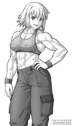  abs breasts cargo_pants commentary contrapposto covered_nipples ebr-kii english_commentary female greyscale hand_on_own_hip highres medium_breasts medium_hair midriff monochrome muscular muscular_female navel original pants solo sports_bra v-shaped_eyebrows wristband 