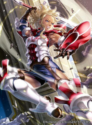  arm_shield armor armored_boots bare_shoulders blonde_hair blue_eyes blue_hair boots dark_skin female fire_emblem fire_emblem_awakening fire_emblem_cipher flavia_(fire_emblem) indoors lipstick makeup muscular muscular_female official_art ponytail sidelocks sword tan weapon white_armor yoneko_okome 