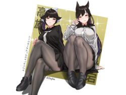  2girls :q absurdres animal_ears artist_name atago_(azur_lane) atago_(school_traumerei)_(azur_lane) azur_lane black_footwear black_hair black_pantyhose black_sailor_collar black_serafuku black_skirt bow breasts cardigan character_name chieftain_art13 copyright_name crossed_legs extra_ears fine_fabric_emphasis foot_out_of_frame full_body hair_ears hair_ribbon hairbow highres knee_up knees_up large_breasts legs long_hair long_sleeves looking_at_viewer miniskirt mole mole_under_eye multiple_girls neckerchief official_alternate_costume panties panties_under_pantyhose pantyhose pantyshot pleated_skirt ponytail ribbon sailor_collar school_uniform serafuku shoes simple_background sitting skirt takao_(azur_lane) takao_(school_romanza)_(azur_lane) thighs tongue tongue_out underwear uniform white_background white_bow white_cardigan white_neckerchief white_panties white_ribbon yellow_eyes 