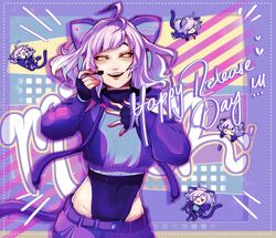  1other androgynous animal_ear_headphones animal_ears cat_ear_headphones cat_ears fake_animal_ears hand_on_own_chest headphones highres milk_(utau) nail_polish navel pale_skin purple_hair solo tail tiredcatmom utau yellow_eyes 