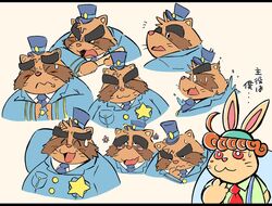  2023 alice_detective_bureau anthro blush bodily_fluids brown_body closed_eyes clothing hat headgear headwear inspector_arai japanese_text kemono lagomorph leporid male mammal multiple_poses necktie okudami overweight overweight_male police police_badge police_uniform pose procyonid rabbit raccoon shirt surprise sweat text topwear uniform 