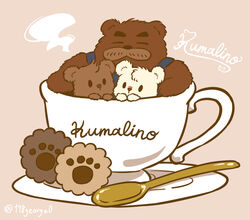  178george0 2023 anthro bear biped brown_body closed_eyes container cookie cup dot_eyes drip_(kumalino) food group kumalino mammal micro roast_(kumalino) sanrio syrup_(kumalino) white_body 