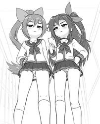  2girls alloyrabbit choker disgust from_below greyscale hair_ribbon highres holding holding_phone if_(neptunia) long_hair monochrome multiple_girls neptune_(series) panties phone pleated_skirt ribbon school_uniform sega_hatsumi serafuku skirt socks underwear white_socks 