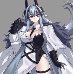  absurdres armored_gloves asymmetrical_dress azur_lane black_gloves black_hair breasts cleavage cleavage_cutout closed_mouth clothing_cutout coat commentary cowboy_shot female fur-trimmed_coat fur_trim gloves grey_background hair_between_eyes hair_intakes highres horns kursk_(azur_lane) large_breasts long_hair looking_at_viewer multicolored_hair necktie ouka_(sakura_oinari) red_eyes simple_background streaked_hair two-tone_dress white_hair 