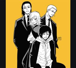  3boys artist_logo barem_(chainsaw_man) black_hair black_necktie black_suit business_suit chainsaw_man cigarette collarbone crossed_arms facial_hair female formal glasses goatee hood hoodie jacket kitunejima kneeling light_smile long_hair long_sleeves looking_at_viewer monochrome multiple_boys necktie office_lady protected_link shirt shirt_tucked_in short_hair smile smoking spear_devil_(chainsaw_man) sugo_miri suit tall untucked_shirt unworn_jacket whip_devil_(chainsaw_man) 